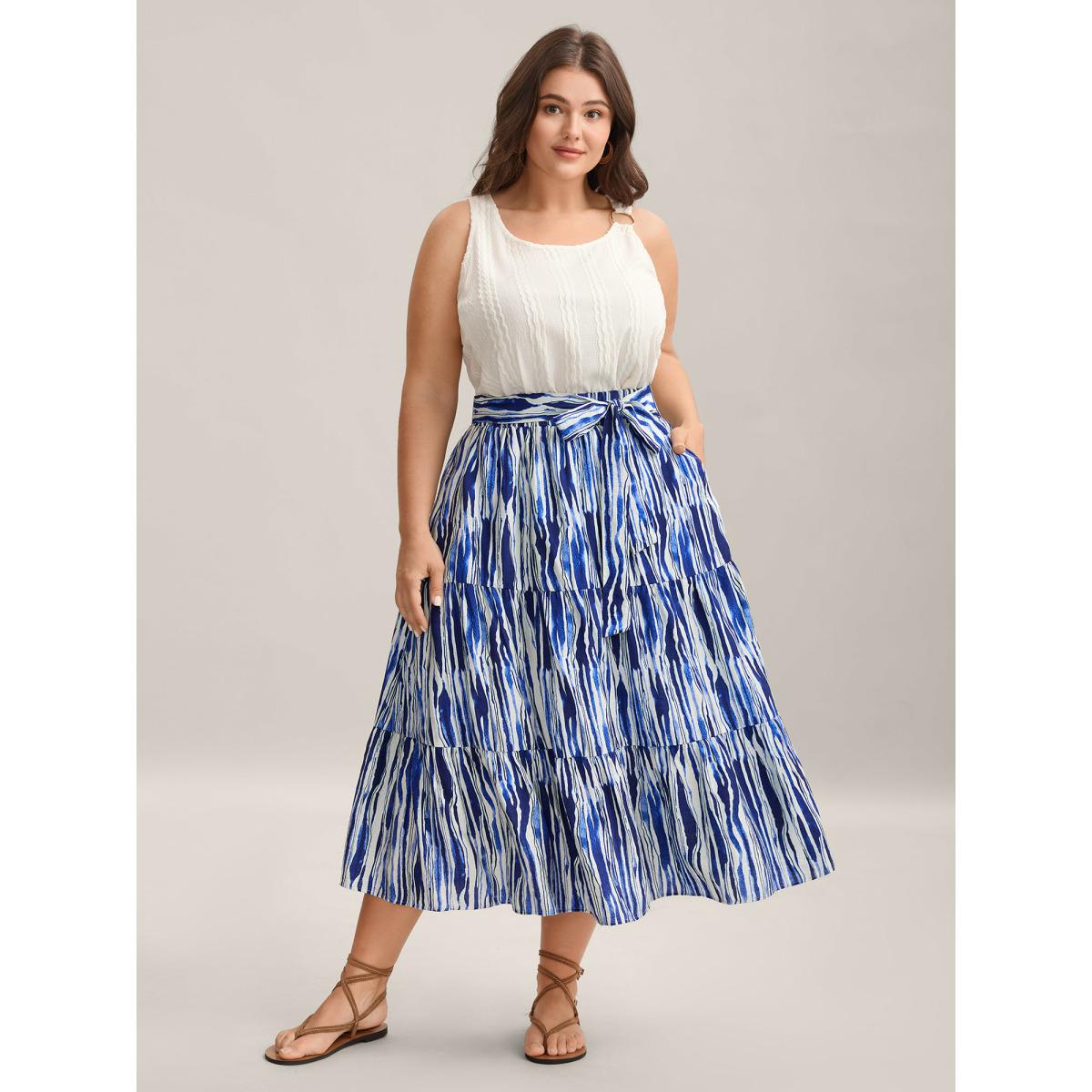 Plus Size Nautical Stripes Belted Tiered Maxi Skirt Women Navy Loose No stretch Side seam pocket Belt Vacation Skirts BloomChic 30/6X Product Image