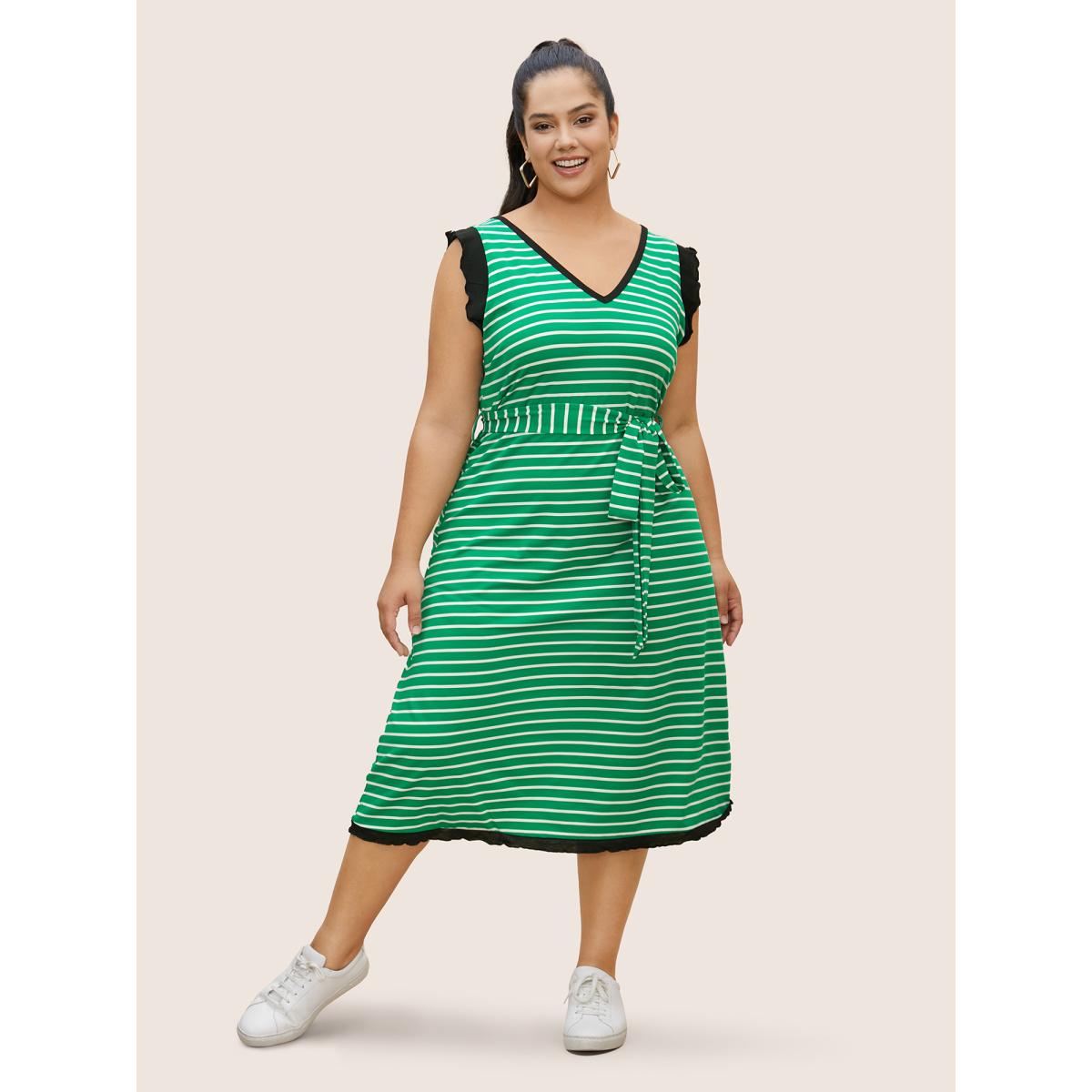 Plus Size Striped Contrast Trim Belted Tank Dress Malachitegreen Women Casual Belted V-neck Sleeveless Curvy BloomChic 10/M Product Image