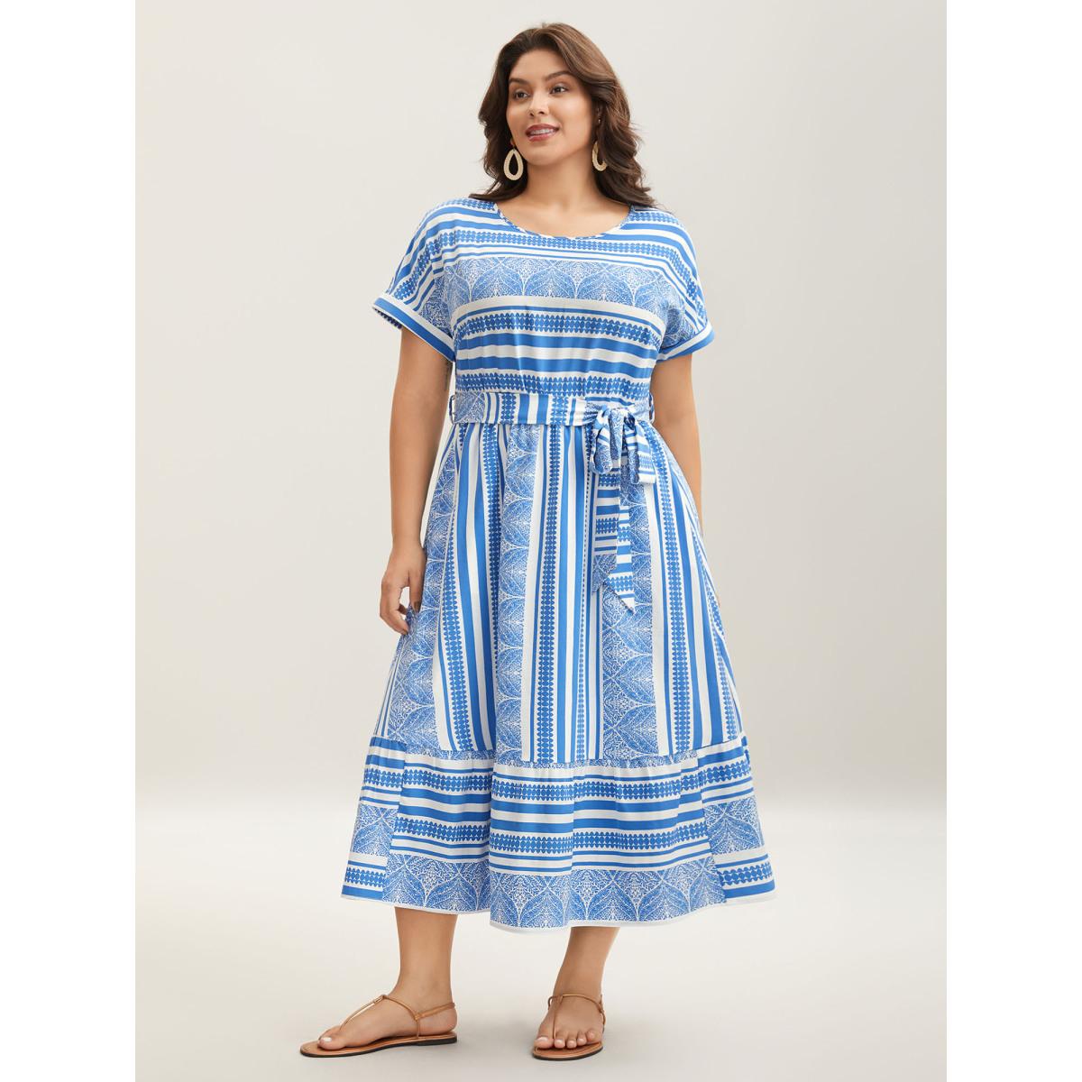 Plus Size Nautical Stripes Belted Pockets Maxi Dress Skyblue Women Round Neck Cap Sleeve Curvy BloomChic 14-16/1X Product Image