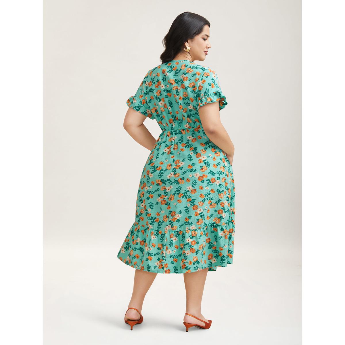 Plus Size Floral Print Ruffled Pockets Midi Dress Turquoise Women Elegant Texture Round Neck Short sleeve Curvy BloomChic 12/L Product Image