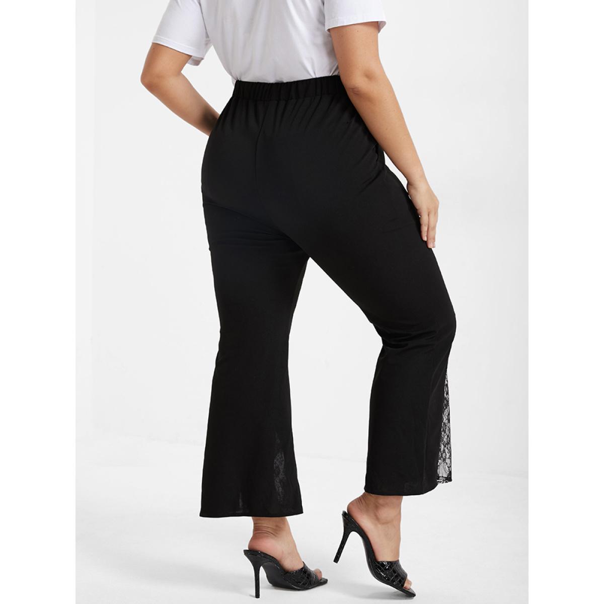Plus Size Solid Pocket Contrast Lace Panel Pants Women Black Glamour High Rise Going out Pants BloomChic 14/1X Product Image