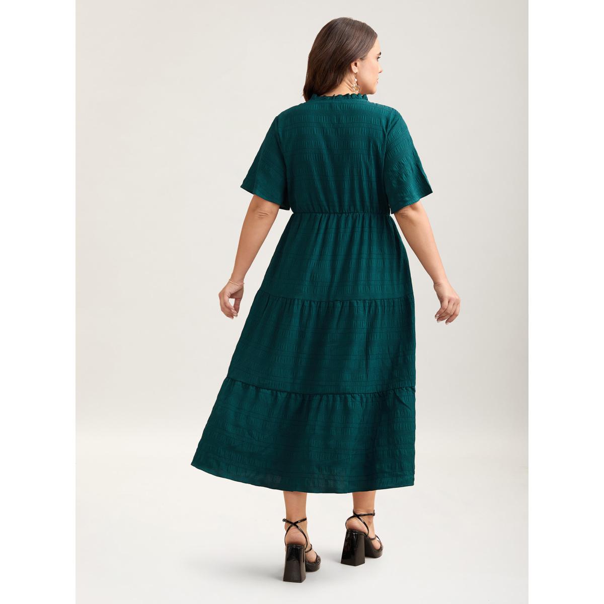 Plus Size Stretchy Waist Frill Trim Pockets Midi Dress Teal Women Timeless Tie knot Flat collar with V-notch Short sleeve Curvy BloomChic 18-20/2X Product Image