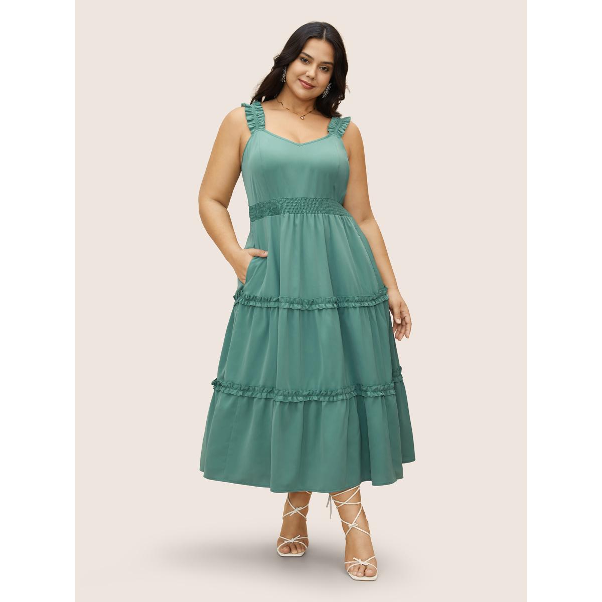 Plus Size Solid Ruffles Shirred Frill Trim Dress Mint Women Elegant Frill Trim V-neck Sleeveless Curvy BloomChic 18-20/2X Product Image