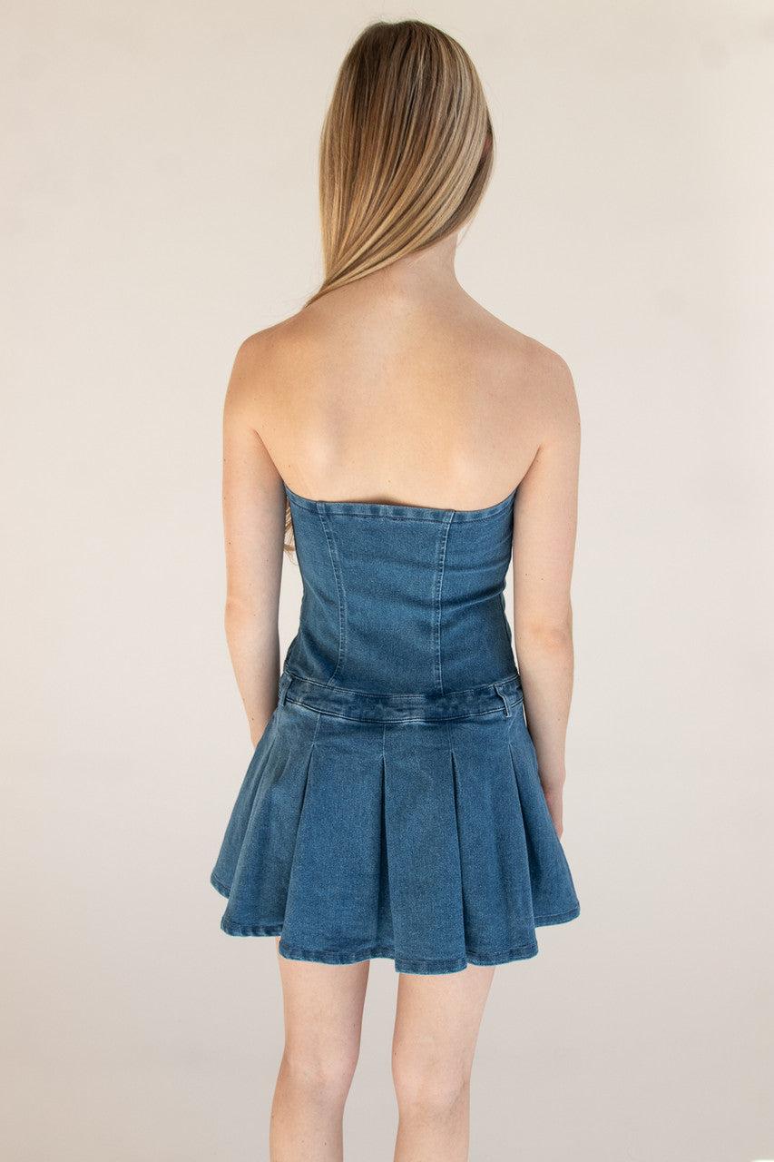 Strapless Denim Pleated Mini Dress Product Image