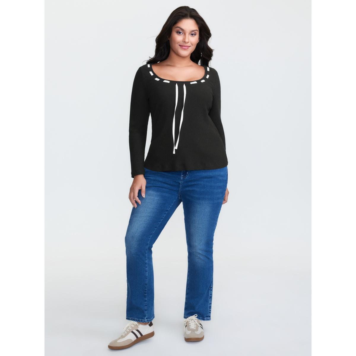 Plus Size Supersoft Bow Tie Detail Ribbed Knit Top Black Women Leisure Tie knot U-neck Bodycon Casual T-shirts BloomChic 30/6X Product Image