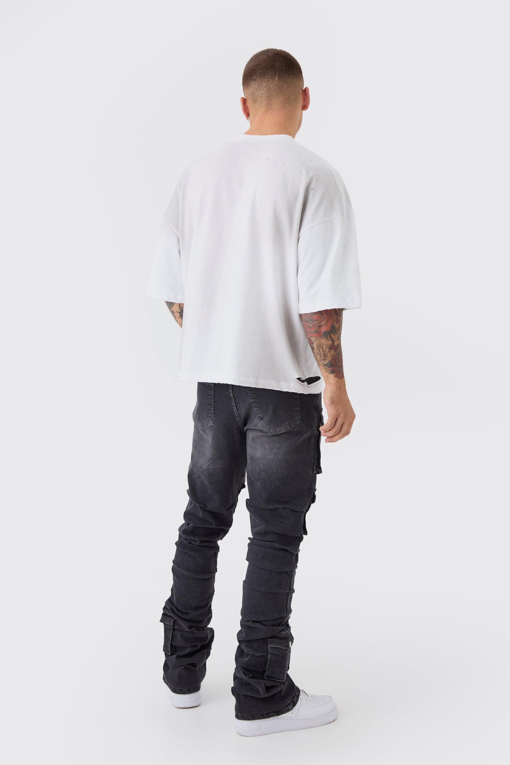 Skinny Stacked Multi Cargo Pocket Flared Jeans | boohooMAN USA Product Image