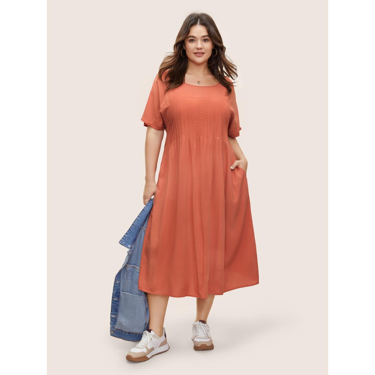 Plus Size Plain Pleated Pocket Rayon Midi Dress Coral Women Casual Non Round Neck Short sleeve Curvy Midi Dress BloomChic 12/L Product Image