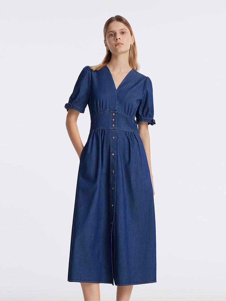 Gathered Waist Denim Women Midi Dress Product Image