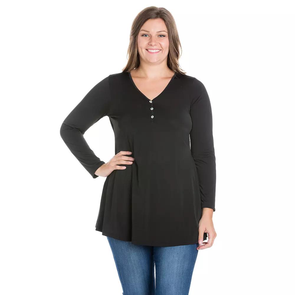 Plus Size 24Seven Comfort Long Sleeve V-Neck Henley Tunic Top, Womens Product Image