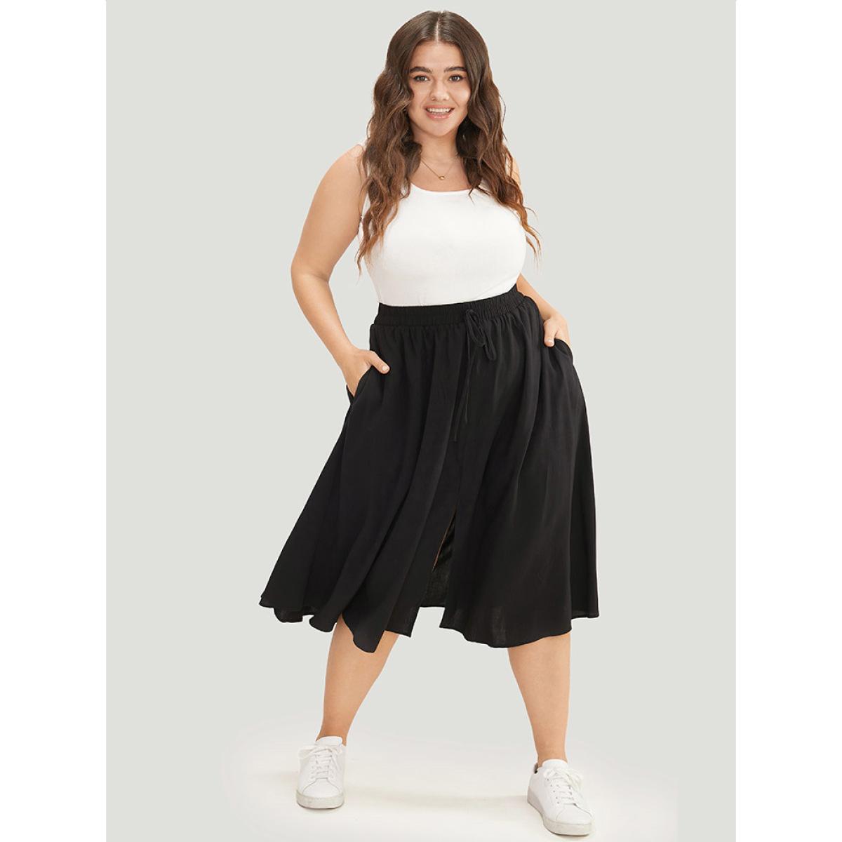 Plus Size Solid Pocket Knot Elastic Waist Split Hem Skirt Women Black Casual Knotted Loose No stretch Pocket Dailywear Skirts BloomChic 28/5X Product Image