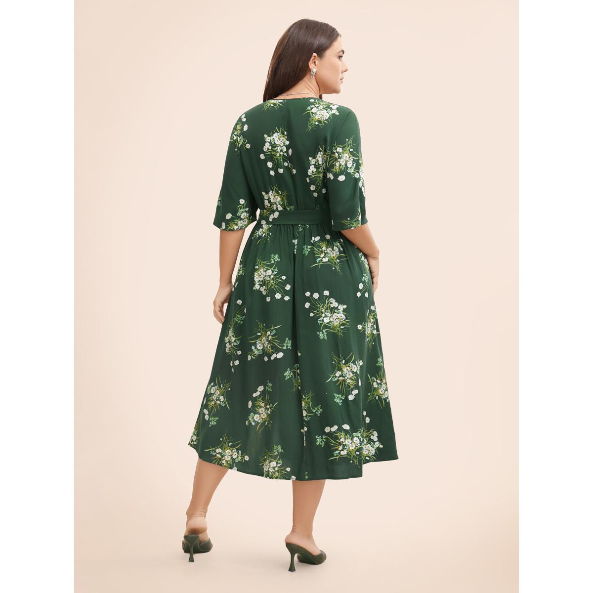 Plus Size Floral Overlap Collar Split Hem Dress Emerald Women Elegant Belted Overlap Collar Half Sleeve Curvy BloomChic 30/6X Product Image