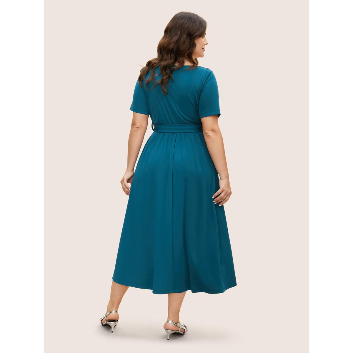Plus Size Square Neck Button Detail Belted Dress Cerulean Women At the Office Belted Square Neck Short sleeve Curvy BloomChic 30/6X Product Image
