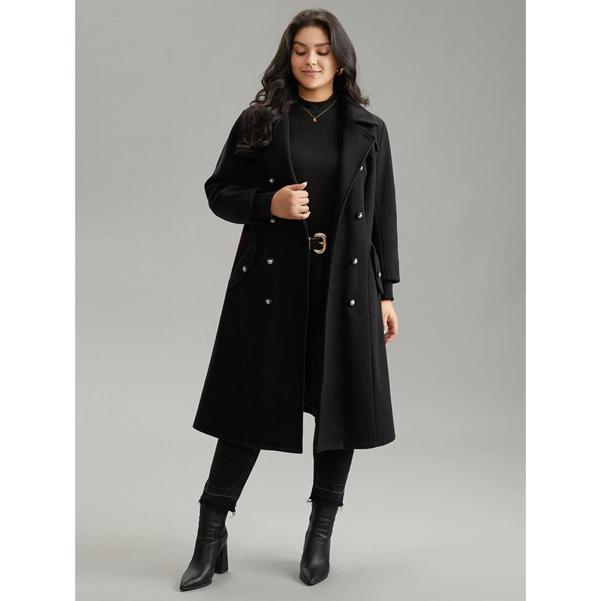 Plus Size Plain Lapel Collar Double Breasted Coat Women Black Casual Lined Ladies Dailywear Winter Coats BloomChic 18-20/2X Product Image