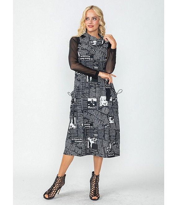 IC Collection Knit Newspaper Print Cowl Mock Neck Sleeveless Balloon Midi Dress Product Image