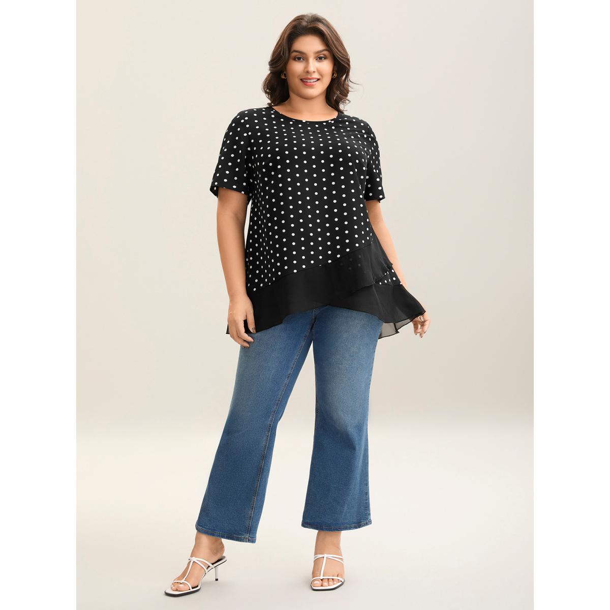 Plus Size Black Polka Dots Spliced Ruffled Hem Shirt Women Short sleeve Round Neck Everyday-Elegant Blouses BloomChic 26/4X Product Image