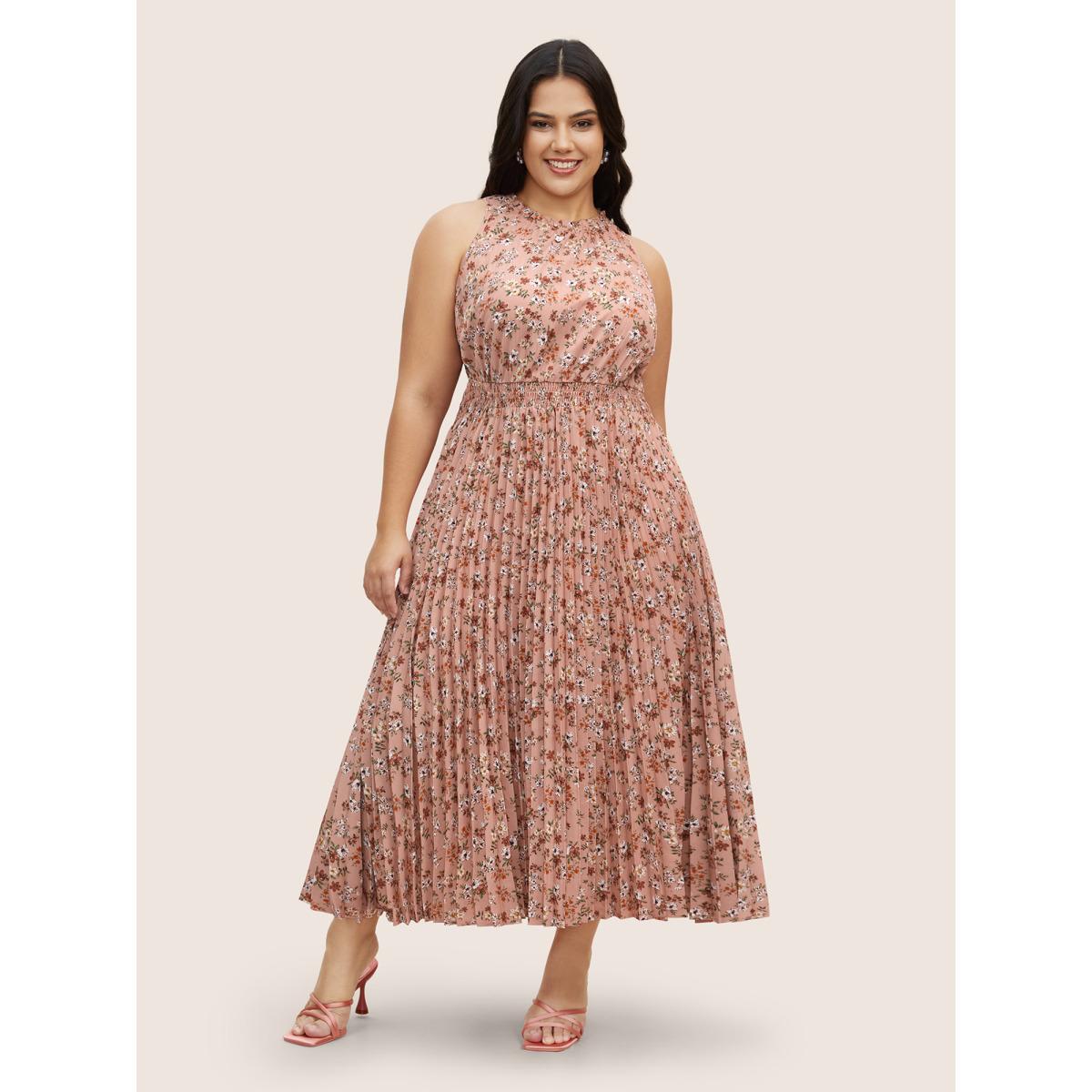 Plus Size Ditsy Floral Pleated Frill Trim Sleeveless Dress Crepe Women Elegant Frill Trim Mock Neck Sleeveless Curvy BloomChic 18-20/2X Product Image