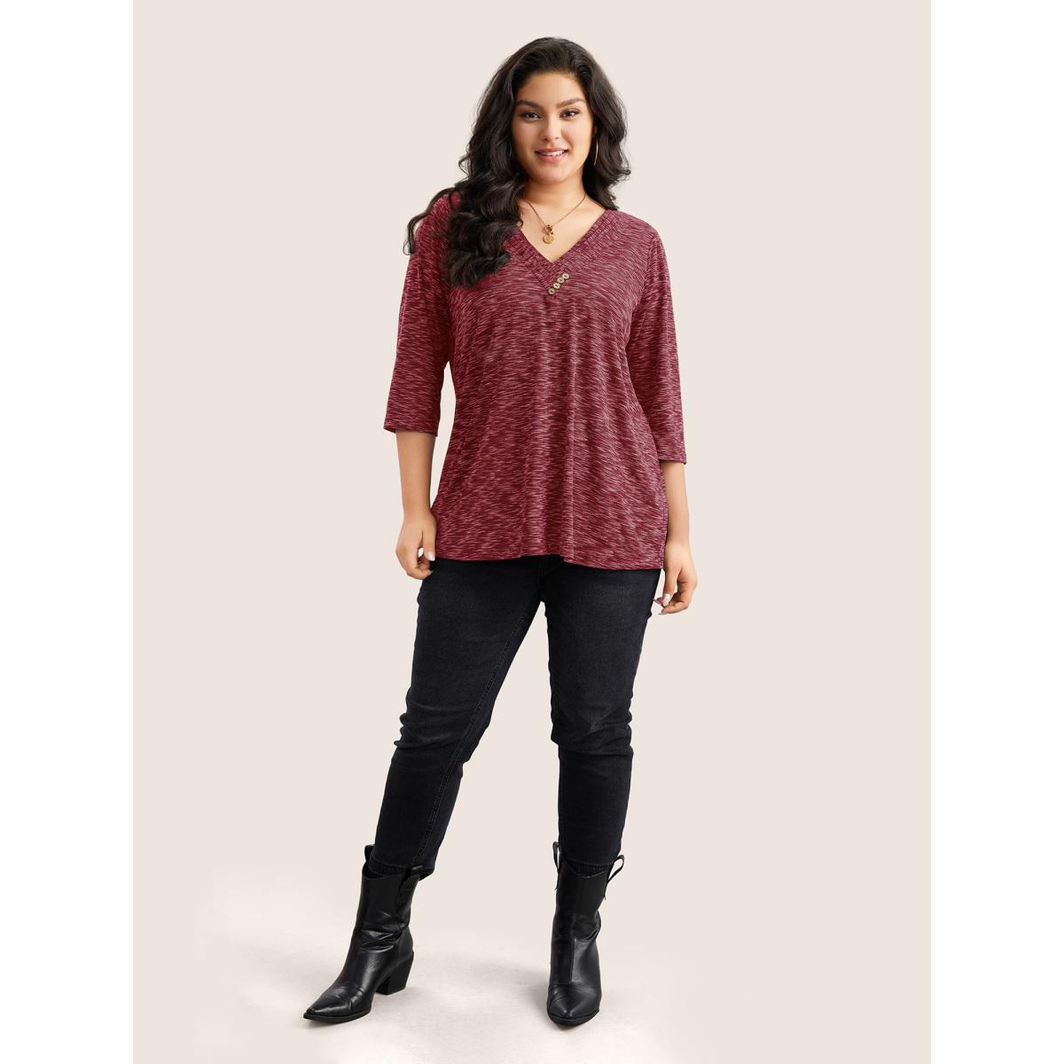 Plus Size Heather Pleated Button Detail T-shirt Raspberry Women Casual Pleated Plain V-neck Everyday T-shirts BloomChic 26/4X Product Image