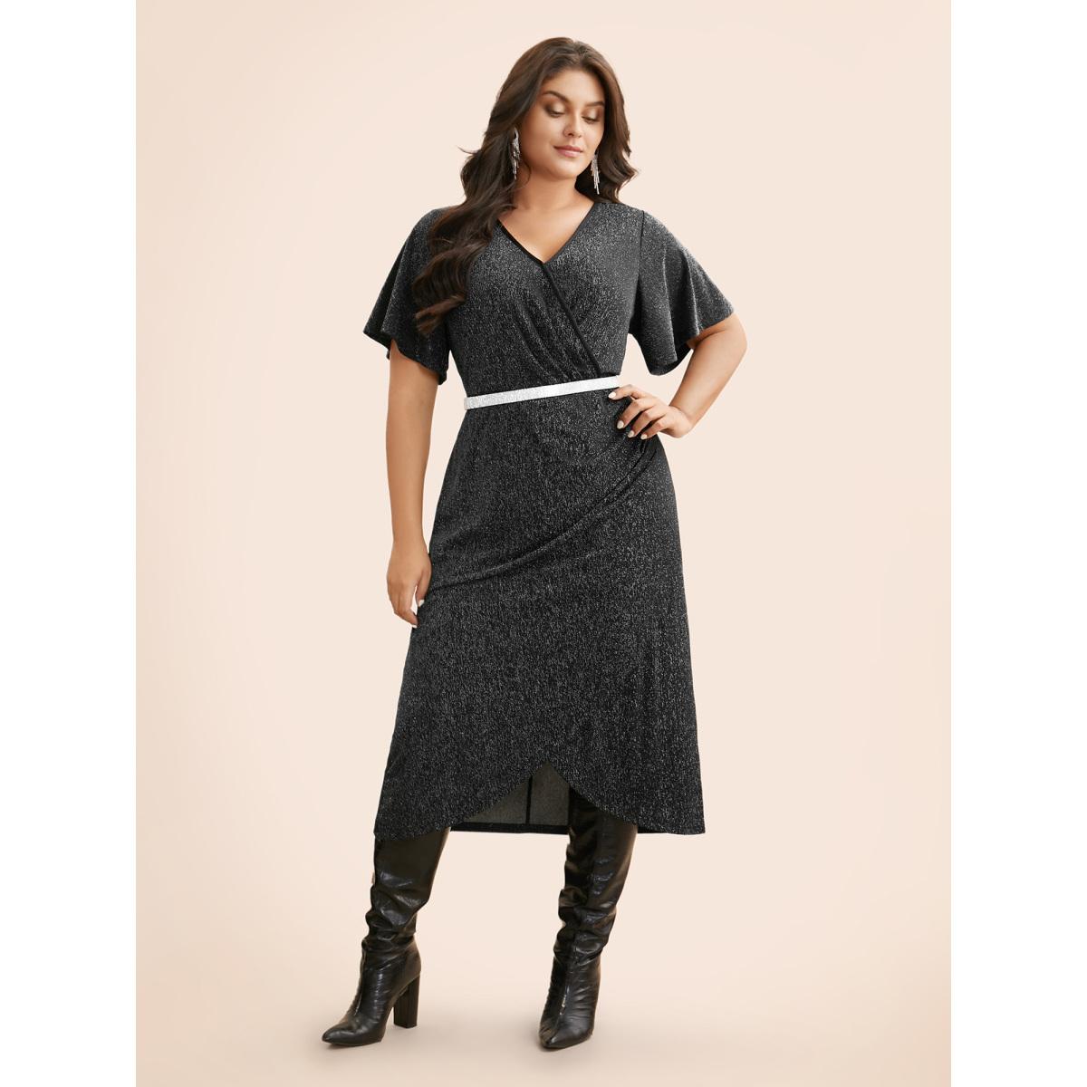 Plus Size Luxe Overlap Collar Ruffle Sleeve Dress Pureblack Women Cocktail Overlapping Party Curvy Bloomchic 18-20/2X Product Image