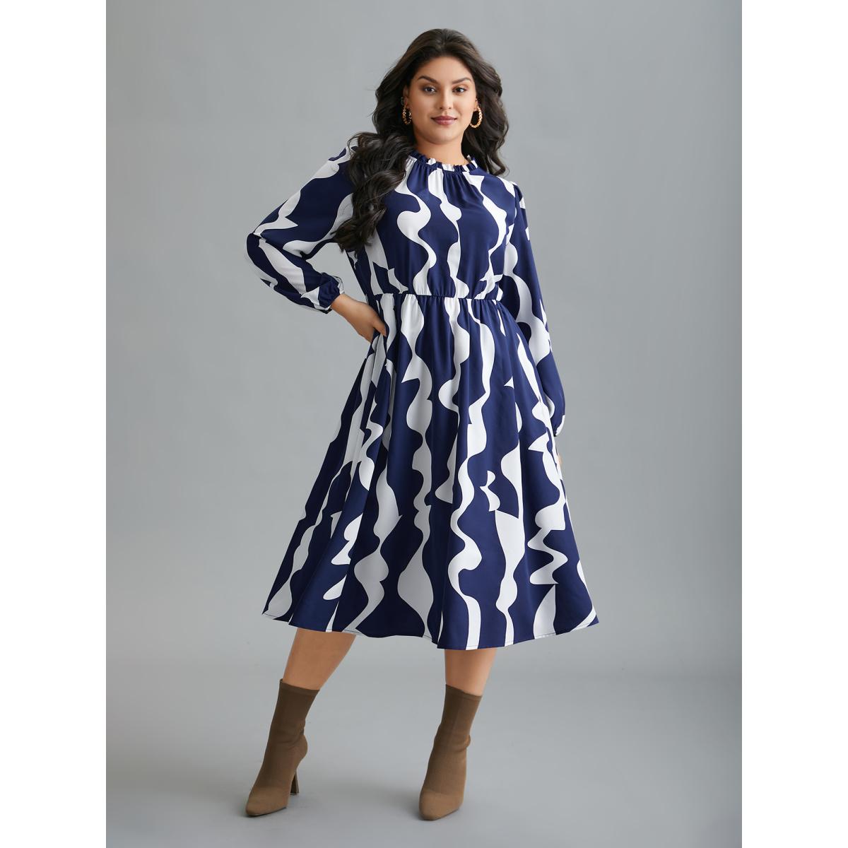 Plus Size Round Neck Color Contrast Frill Trim Dress Navy Women Elegant Frill Trim Round Neck Long Sleeve Curvy BloomChic 18-20/2X Product Image