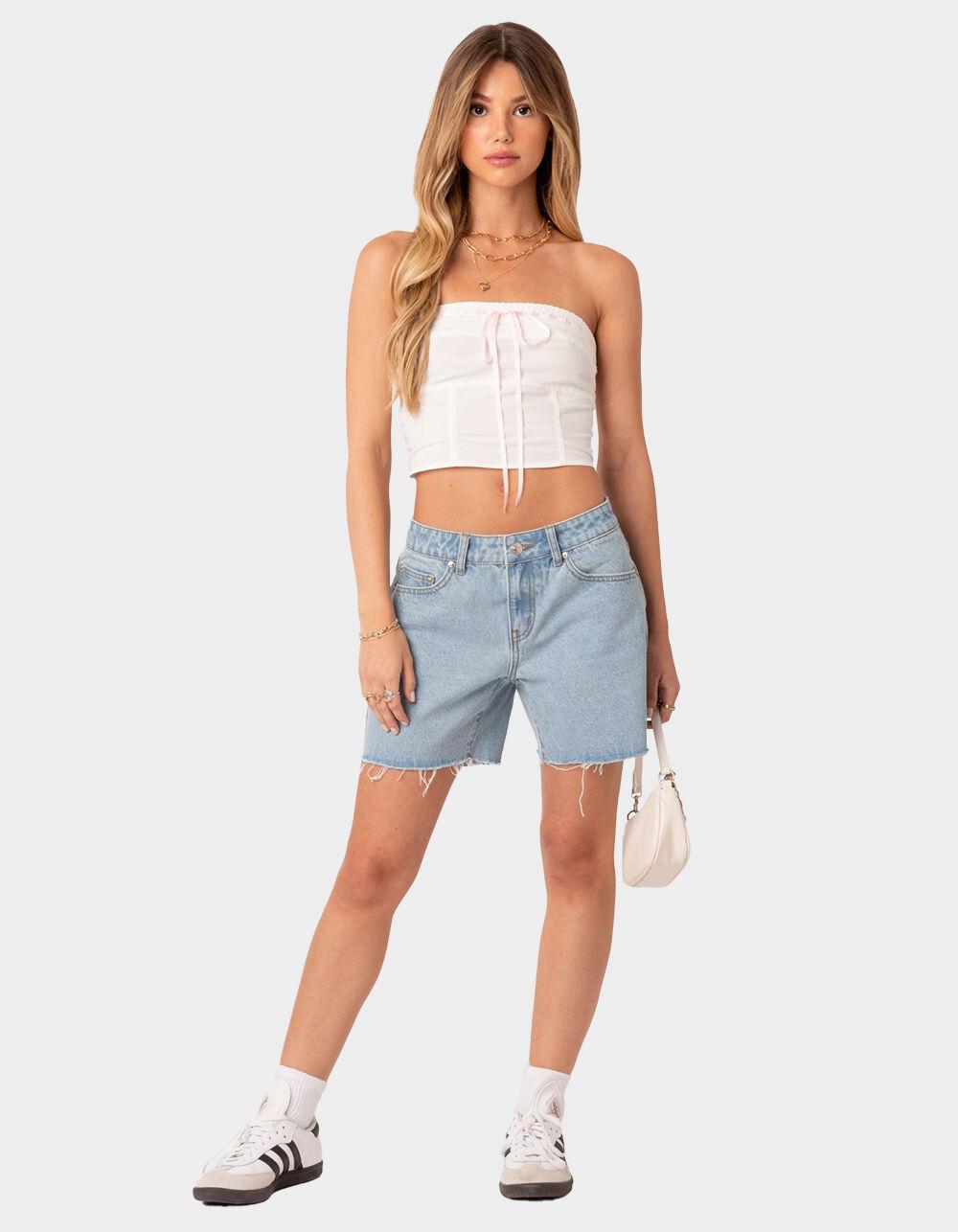 EDIKTED Tomboy Low Rise Denim Shorts - LIGHT BLUE Product Image