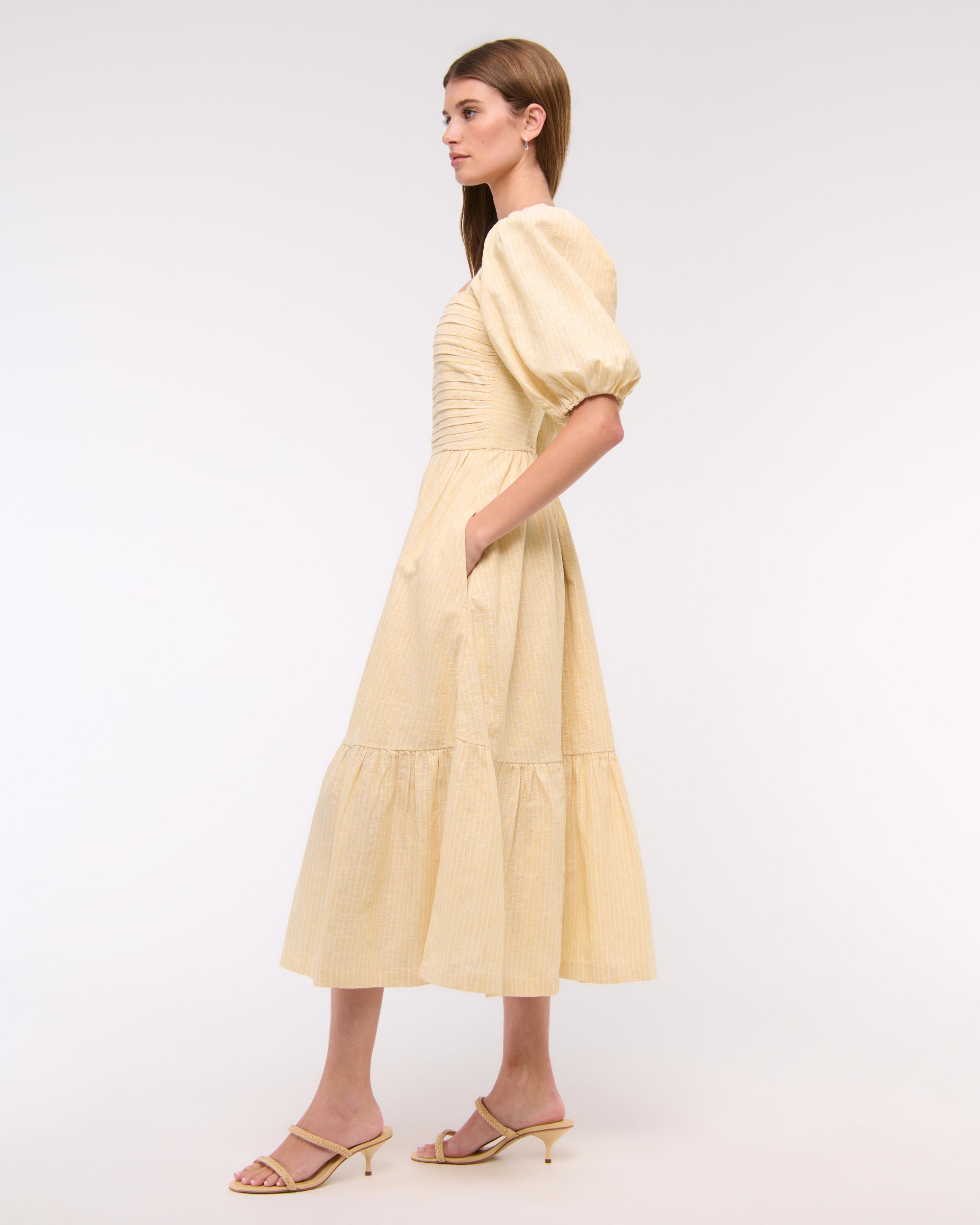 The A&F Emerson Linen-Blend Puff Sleeve Midi Dress Product Image