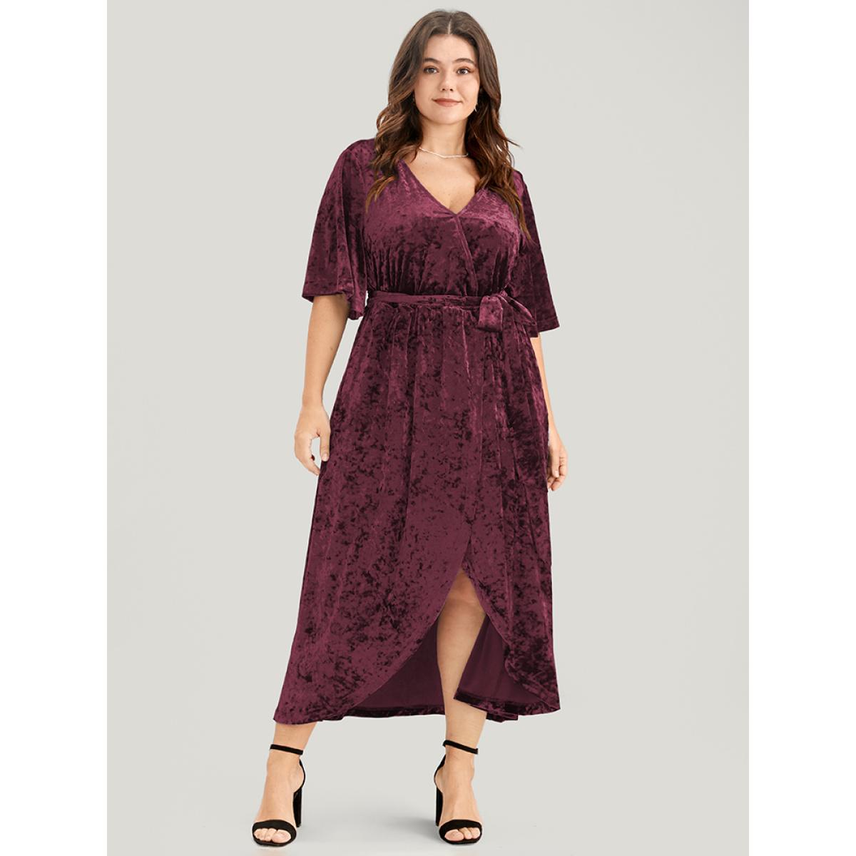 Plus Size Solid Wrap Pocket Asymmetrical Hem Belted Velvet Dress Burgundy Women Party Wrap V-neck Half Sleeve Curvy Midi Dress BloomChic 14-16/1X Product Image