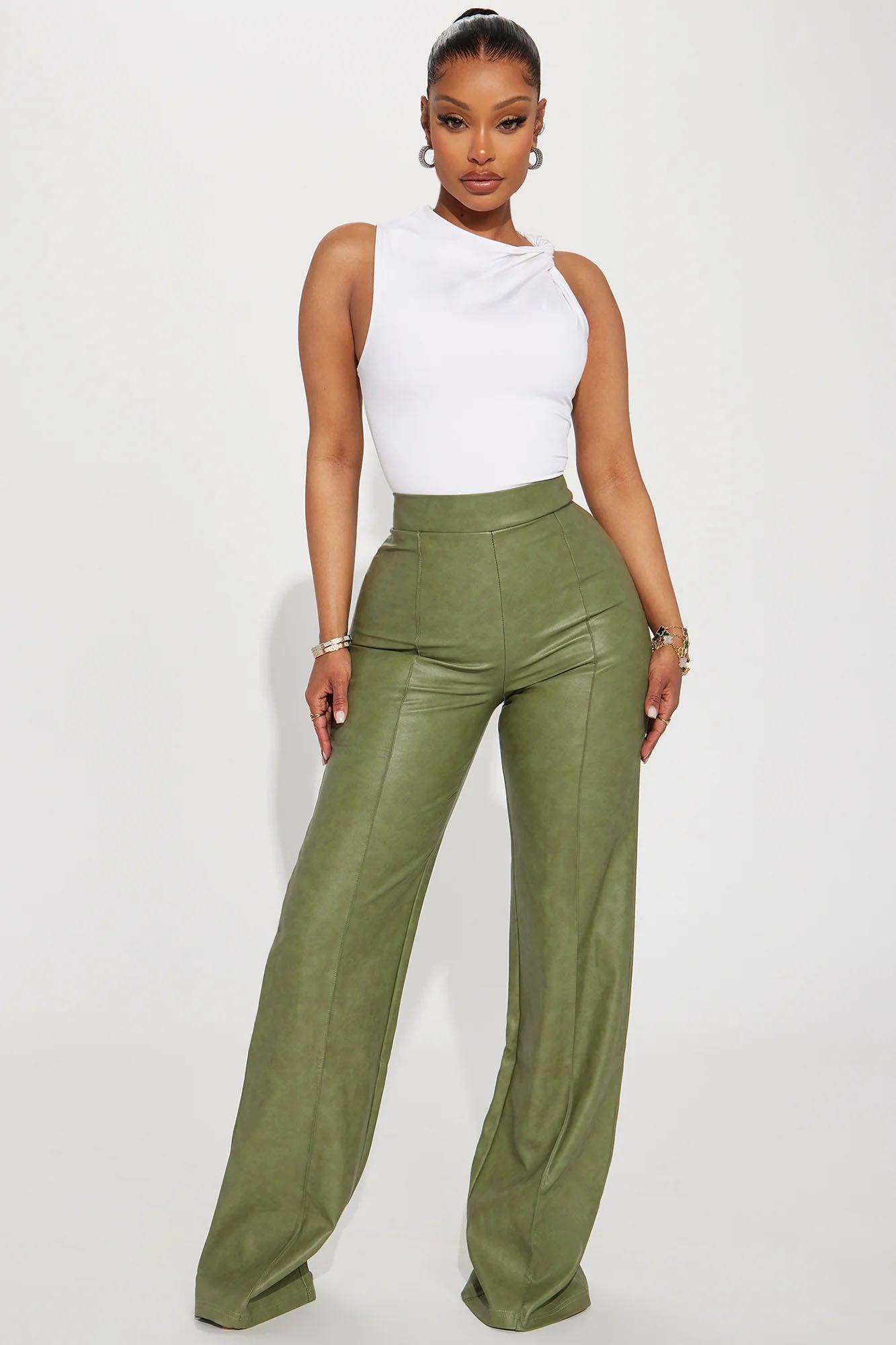 Victoria High Waisted Washed Faux Leather Dress Pants - Olive Product Image