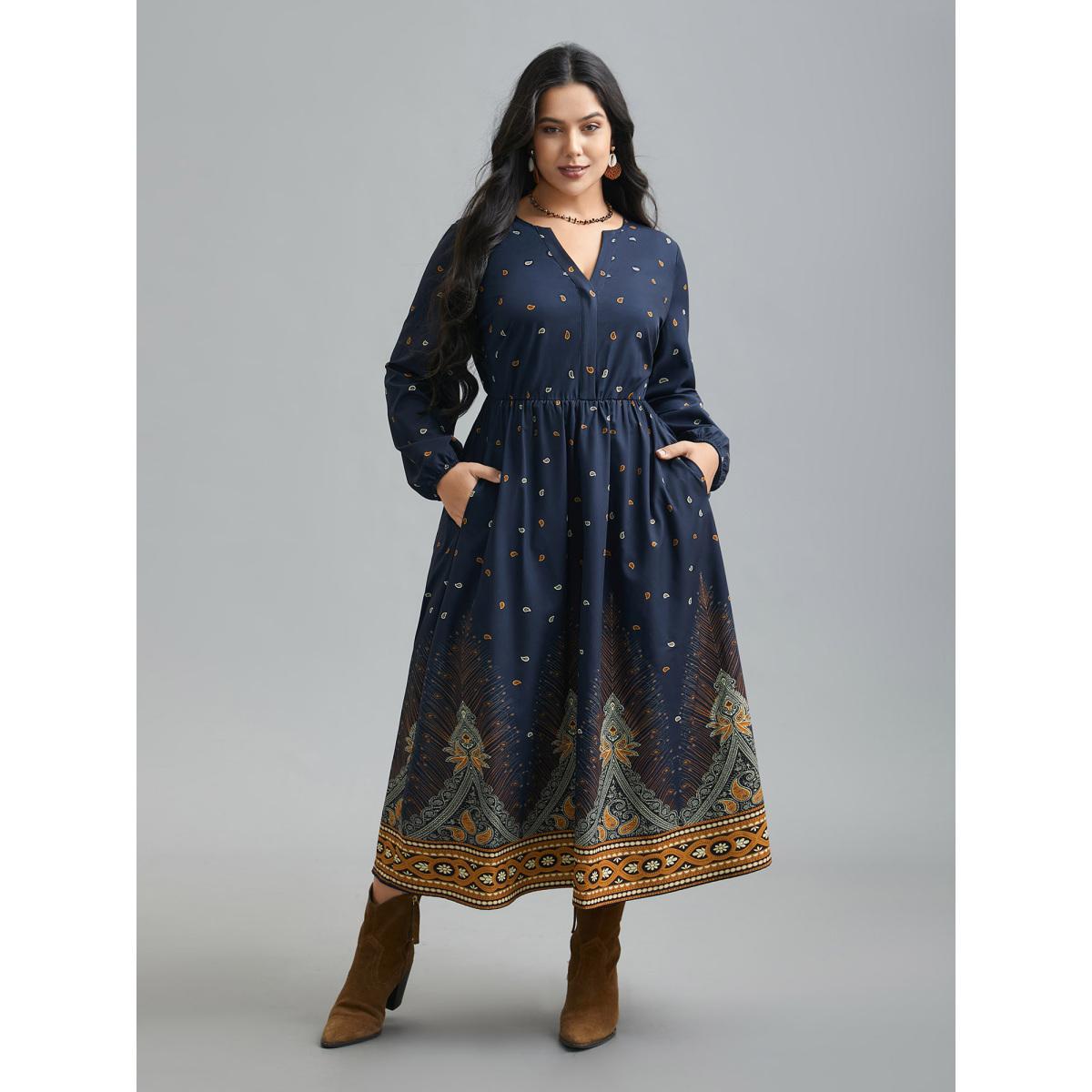 Plus Size Notched Collar Boho Print Contrast Dress Navy Women Resort Non Flat collar with V-notch Long Sleeve Curvy BloomChic 28/5X Product Image