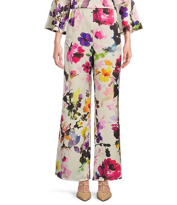 Caroline Rose Brilliant Floral Bouquet Print Satin Coordinating Wide-Leg Pull-On Pants Product Image