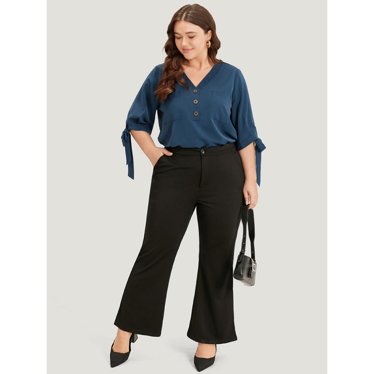 Plus Size Indigo Anti-Wrinkle Plain Button Up Knot V Neck Pocket Blouse Women Office Half Sleeve V-neck Dailywear Blouses BloomChic 30/6X Product Image