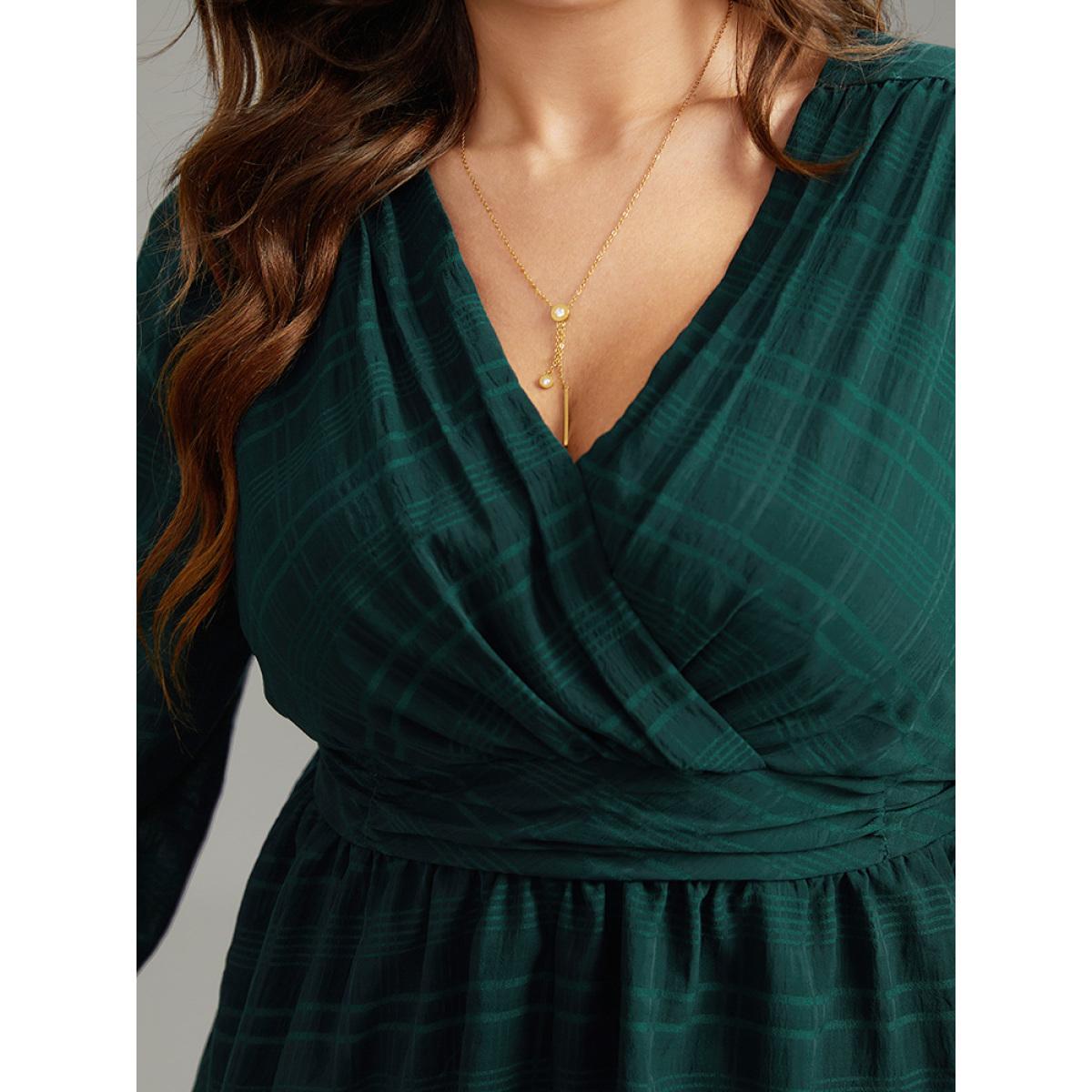 Plus Size DarkGreen Plaid Wrap Ruched Lantern Sleeve Blouse Women Office Long Sleeve V-neck Office Blouses BloomChic 28/5X Product Image