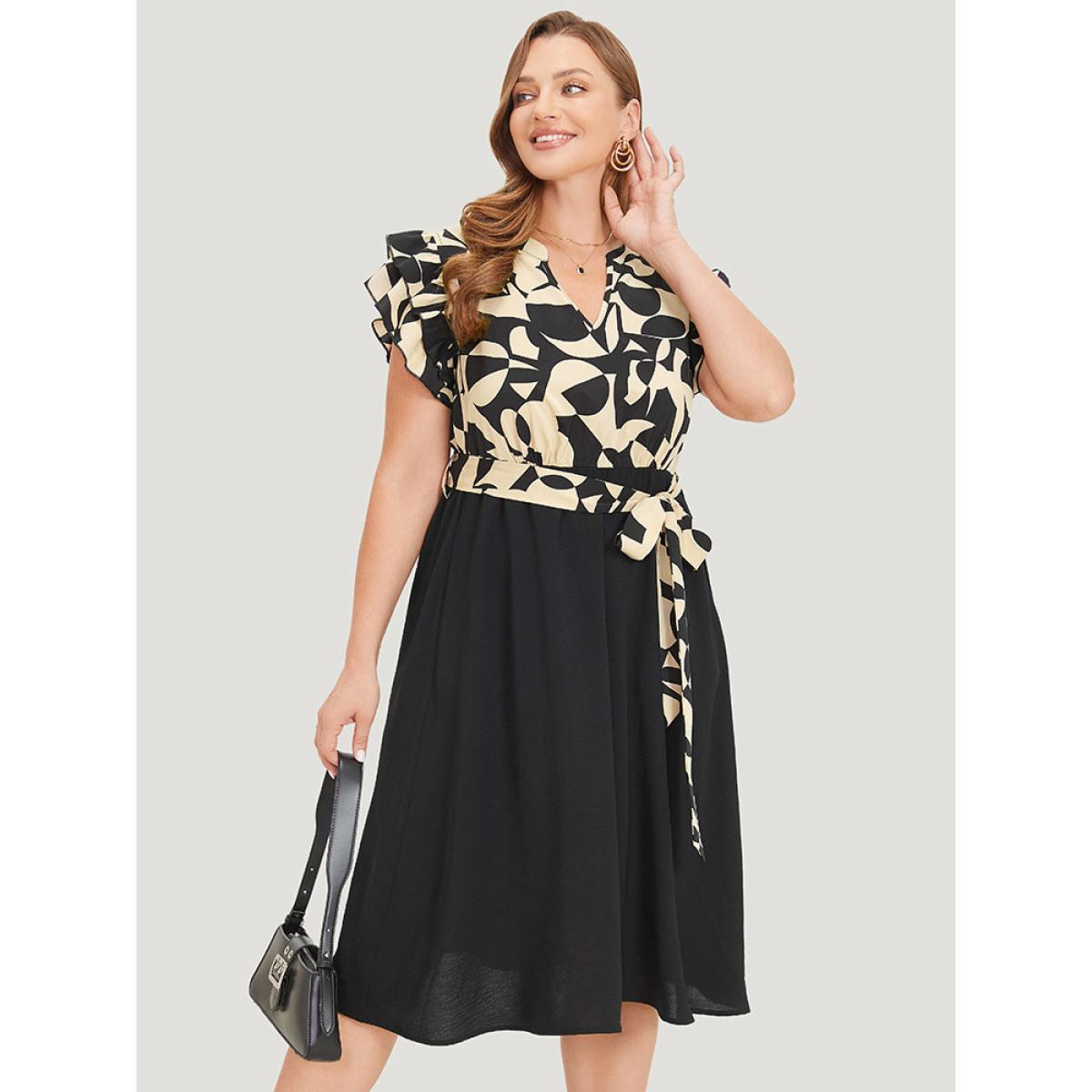 Plus Size Geometric Pocket Belted Ruffle Sleeve Notched Dress Tan Women Office Plain Notched collar Cap Sleeve Curvy Midi Dress BloomChic 30/6X Product Image