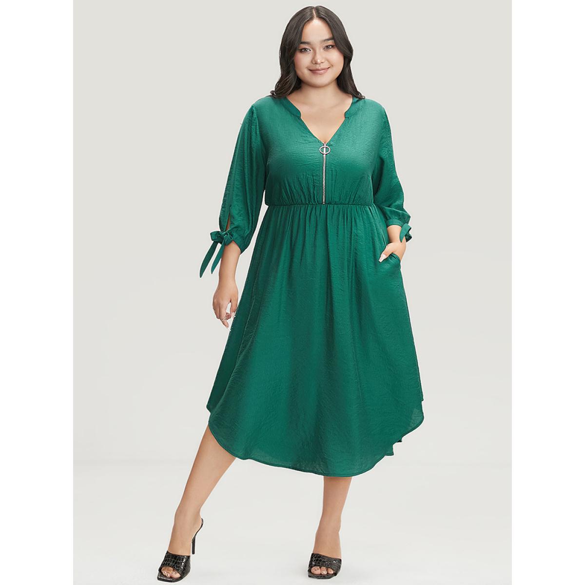 Plus Size Solid Pocket Knot Sleeve Half Zipper Arc Hem Dress DarkGreen Women Office Cross straps V-neck Elbow-length sleeve Curvy Midi Dress BloomChic 28/5X Product Image