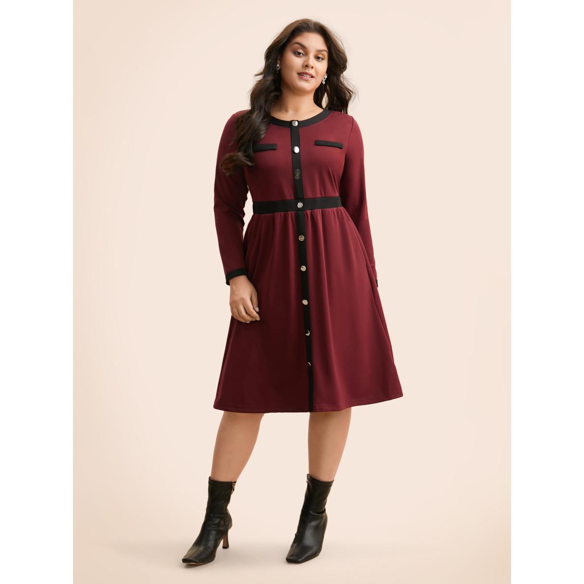 Plus Size Contrast Patchwork Metal Detail Dress Burgundy Women Elegant Contrast Round Neck Long Sleeve Curvy BloomChic 22-24/3X Product Image