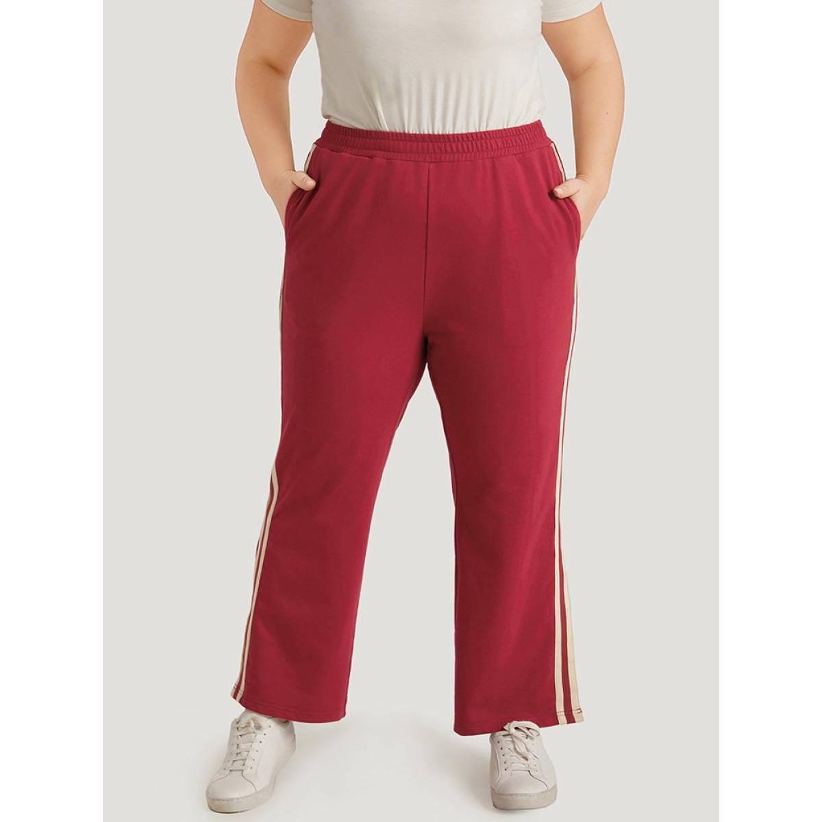 Two Tone Pocket Split Side Elastic Waist Sweatpants Scarlet Plus Size Women Casual Dailywear Contrast 18-20/2X Bloomchic Product Image