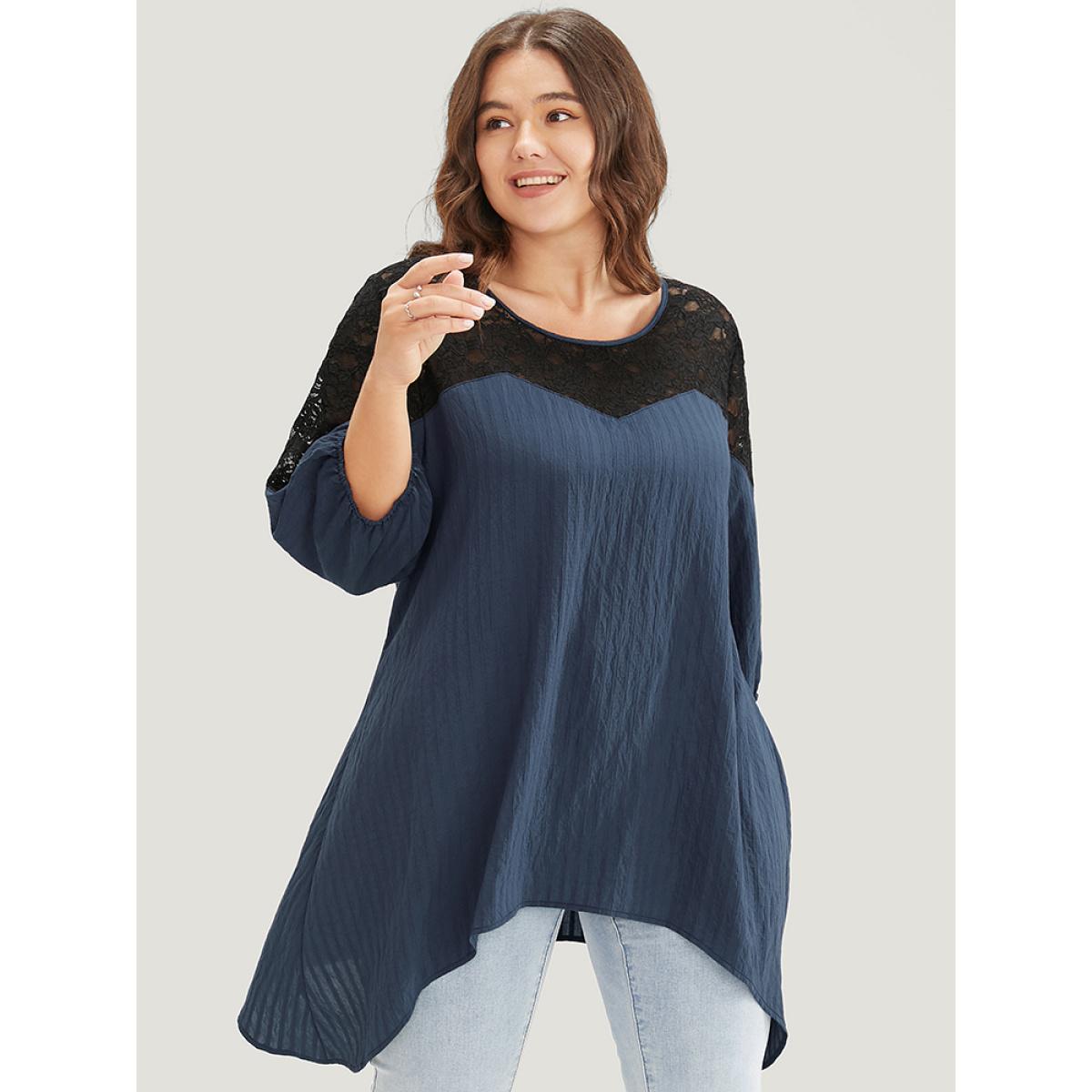 Plus Size Indigo Plain Contrast Lace Asymmetrical Lantern Sleeve Blouse Women Elegant Elbow-length sleeve V-neck Dailywear Blouses BloomChic 18-20/2X Product Image