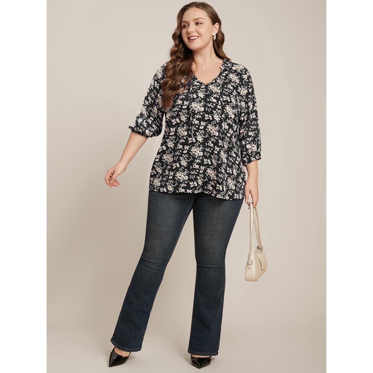 Plus Size Black Floral Print Lantern Sleeve Tie V Neck Blouse Women Elegant Elbow-length sleeve V-neck Dailywear Blouses BloomChic 14-16/1X Product Image