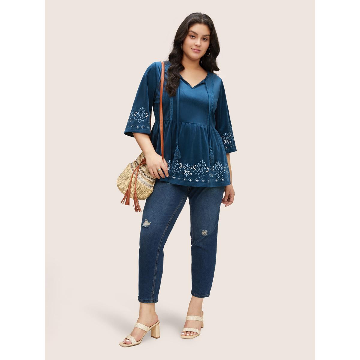 Plus Size Indigo Velvet Contrast Embroidered Tassels Ties Blouse Women Resort Elbow-length sleeve Tie Neck Vacation Blouses BloomChic 18-20/2X Product Image