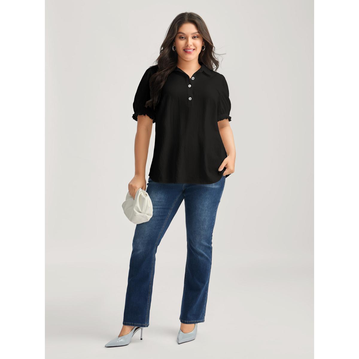 Plus Size Black Pure Cotton Ruffled Puffy Sleeve Blouse Women Office Short sleeve Shirt collar Office Blouses BloomChic 18-20/2X Product Image
