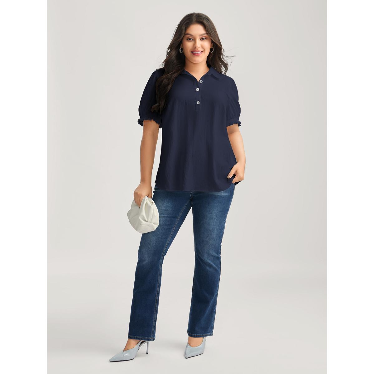 Plus Size Black Pure Cotton Ruffled Puffy Sleeve Blouse Women Office Short sleeve Shirt collar Office Blouses BloomChic 18-20/2X Product Image