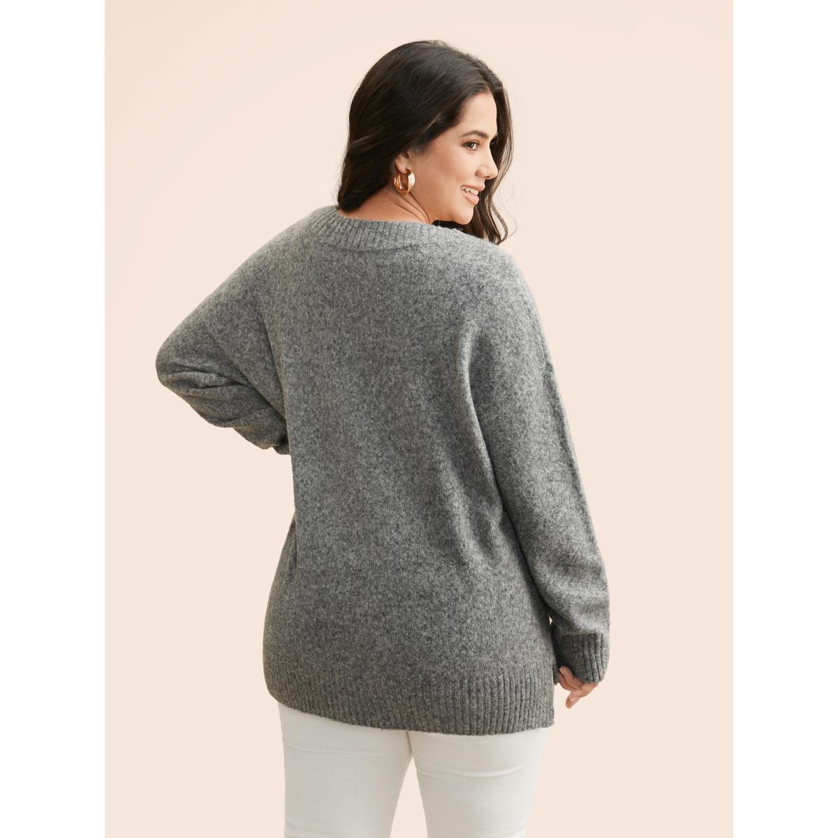 Plus Size Airy Cozy V Neck Drop Shoulder Pullover DimGray Women Casual Long Sleeve V-neck Everyday Pullovers BloomChic 12/L Product Image