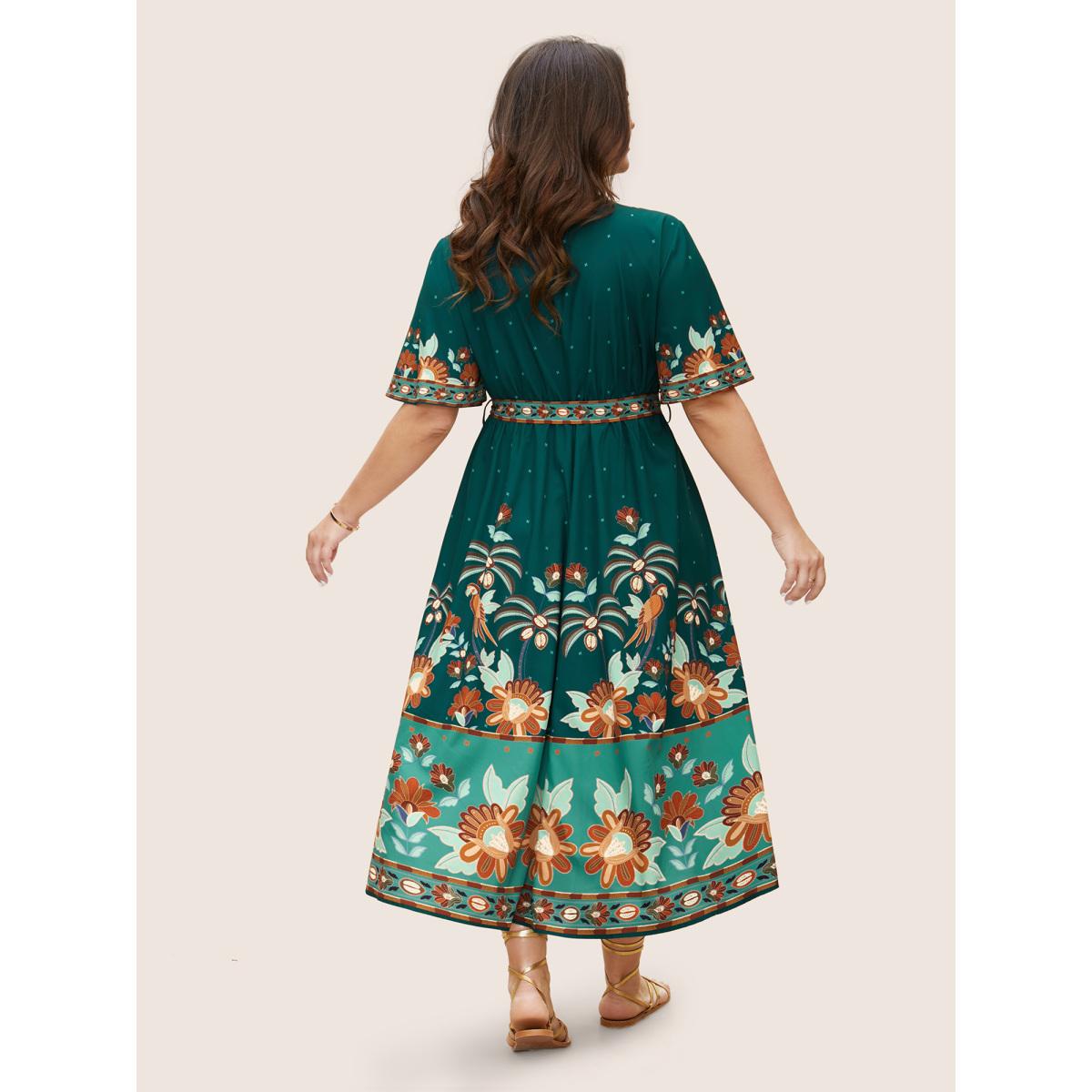 Plus Size Bandana Print Surplice Neck Flutter Sleeve Dress Emerald Women Resort Non V-neck Short sleeve Curvy Midi Dress BloomChic 22-24/3X Product Image
