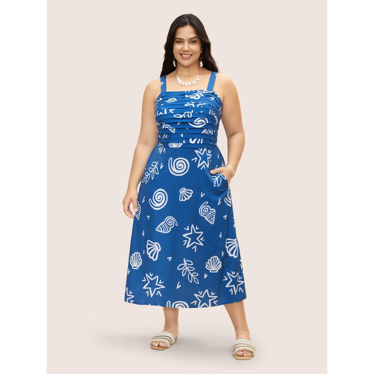 Plus Size Marine Elements Pleated Slit Hem Dress Mediumblue Women Resort Pleated Square Neck Sleeveless Curvy BloomChic 18-20/2X Product Image