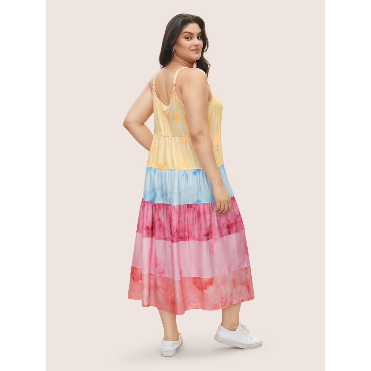Plus Size Tie Dye Contrast Ruffle Layered Hem Dress Multicolor Women Casual Gathered Non Sleeveless Curvy Midi Dress BloomChic 28/5X Product Image