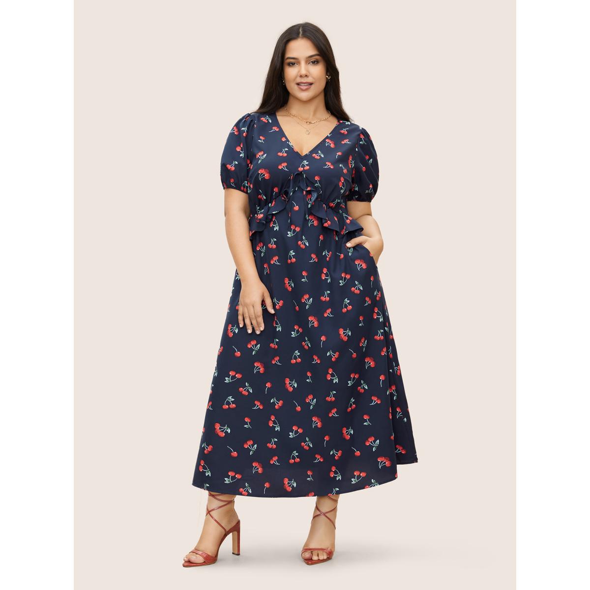 Plus Size Citrus Fruit Print Tie Knot Gathered Puff Sleeve Dress DarkBlue Women Elegant Tie knot V-neck Short sleeve Curvy Midi Dress BloomChic 18-20/2X Product Image