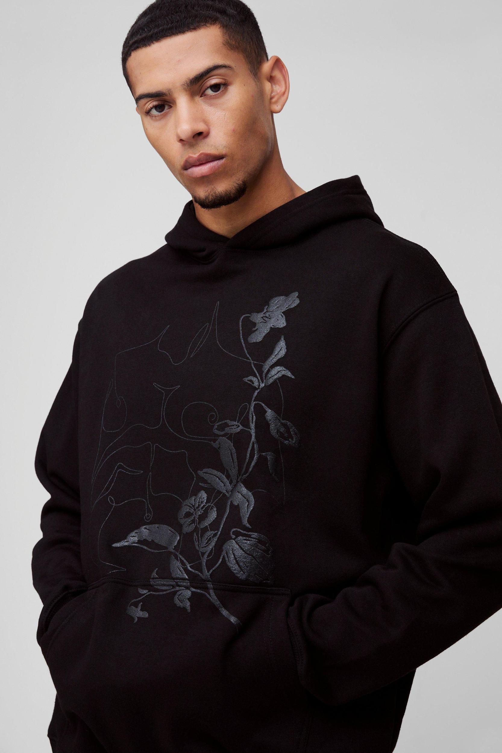 Oversized Floral Puff Print Hoodie | boohooMAN USA Product Image