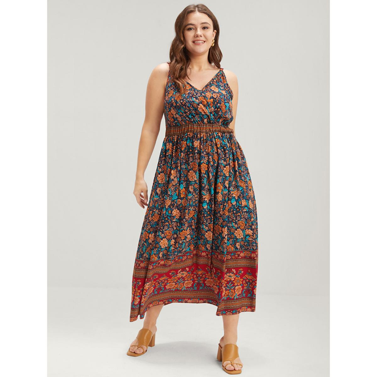 Plus Size Floral Gathered Button Pocket Cami Maxi Dress DarkBlue Women Casual Pocket V-neck Sleeveless Curvy Long Dress BloomChic 30/6X Product Image