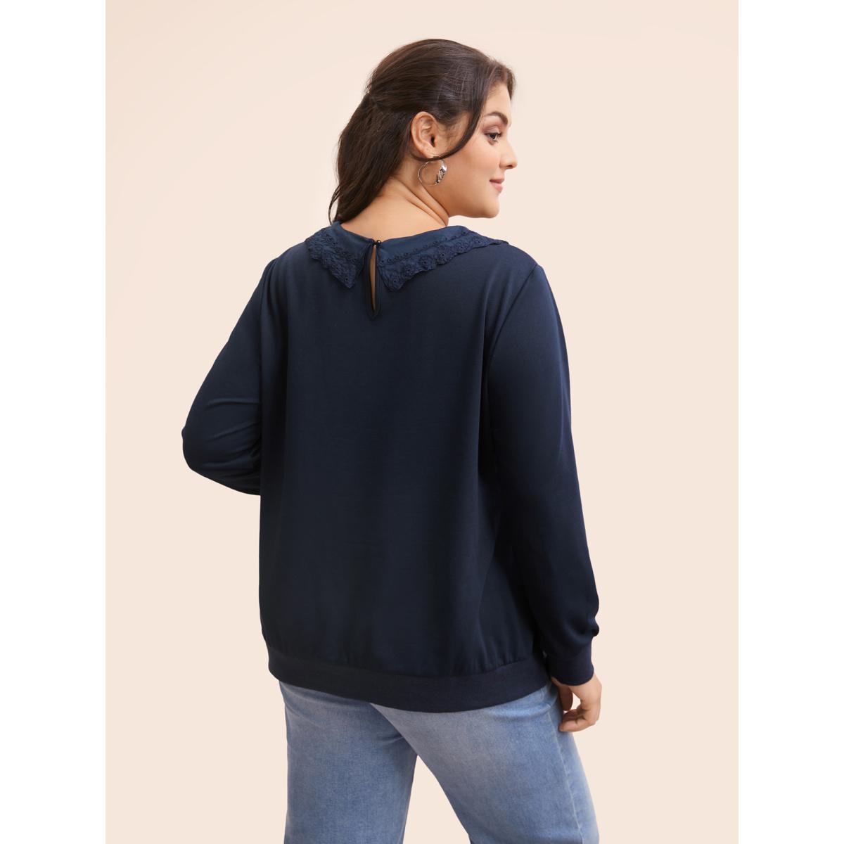 Plus Size Solid Peter Pan Collar Patchwork Sweatshirt Women Indigo Leisure Patchwork Peter Pan collar Casual Sweatshirts BloomChic 30/6X Product Image