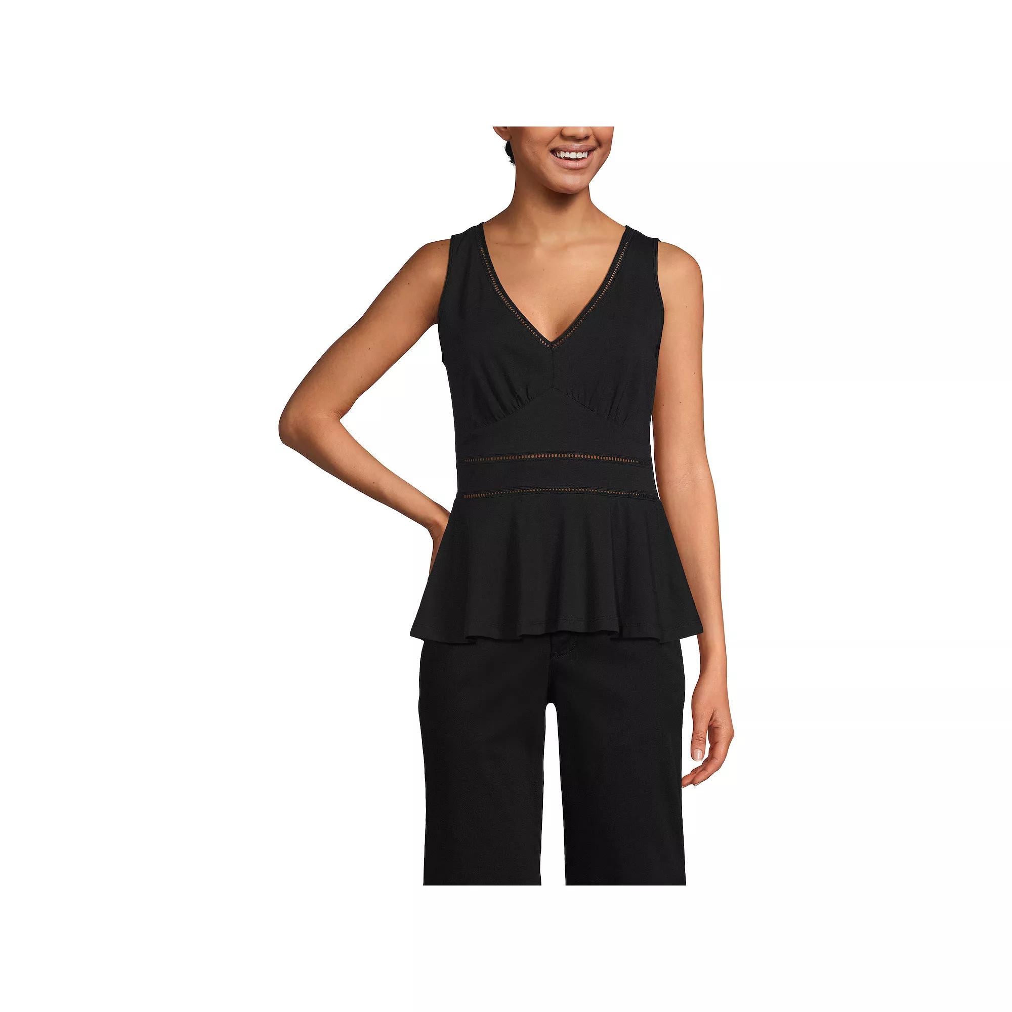 Women's Lands' End Lightweight Jersey Peplum V-Neck Tank Top, Size: Small, Black Product Image