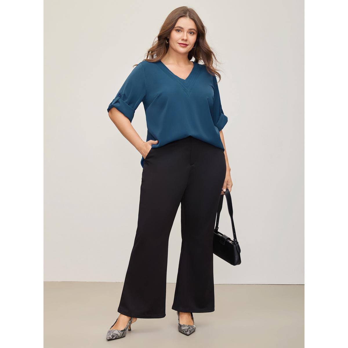 Plus Size Cyan V Neck Plain Pleated Tab Sleeve Blouse Women Office Elbow-length sleeve V-neck Office Blouses BloomChic 12/L Product Image